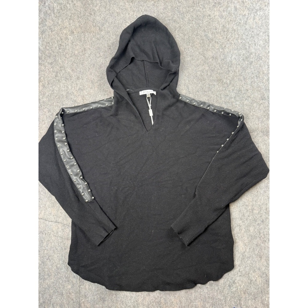 Siani Milano Sweater Women S Black Cotton Blend Studded Faux Leather Hooded Boho